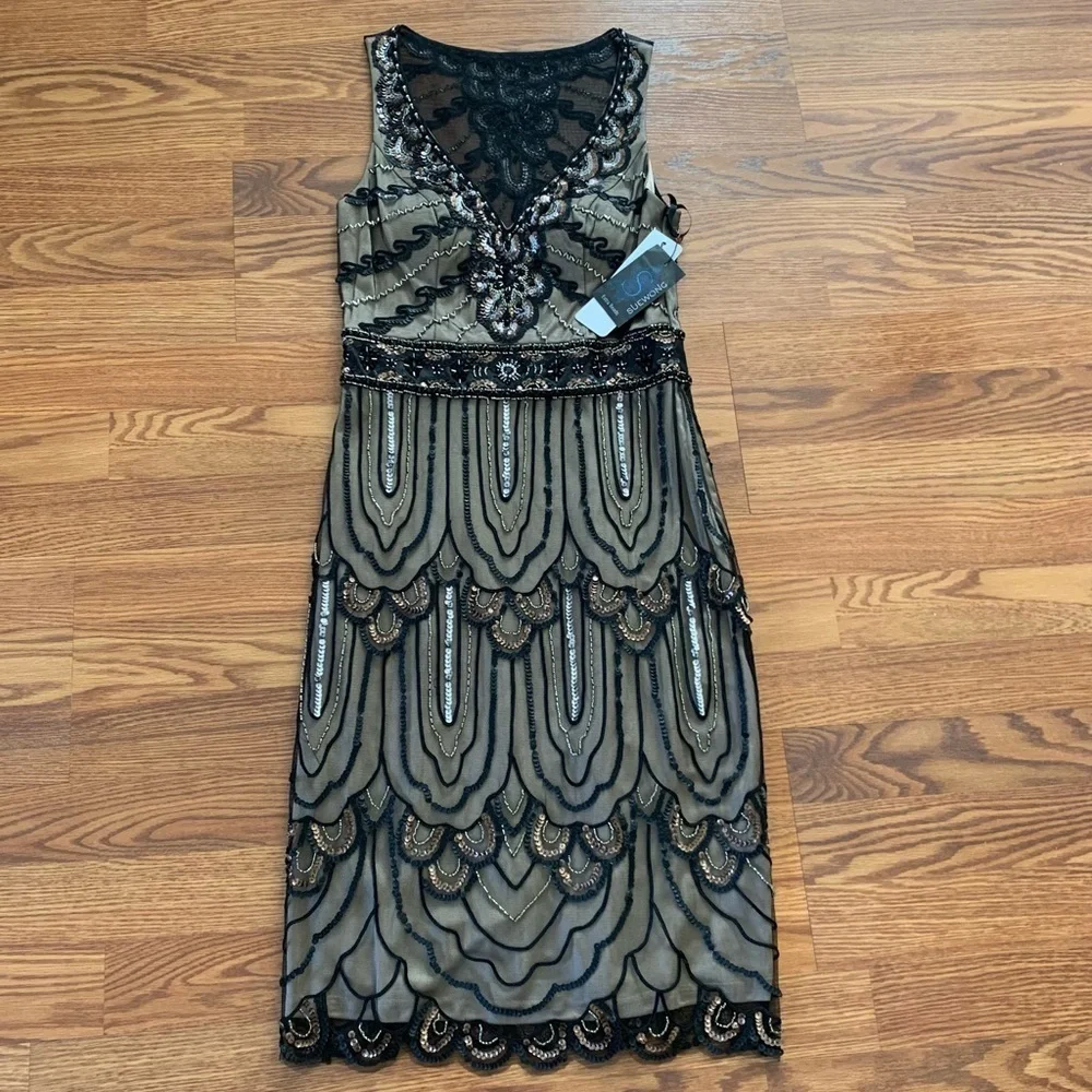 SUE WONG 4 Black Nude Beaded Sequin embellished Formal Cocktail dress